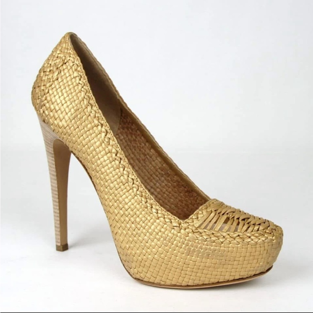 Prada Women's Gold Metallic Leather Woven Platform Heel IT 39/US 9